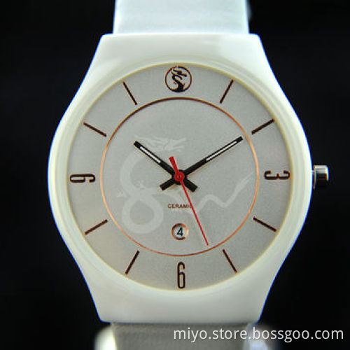 Promotional Wristwatches, Ceramic Case with Leather Strap, Japan Quartz Movement, Wholesales, OEM